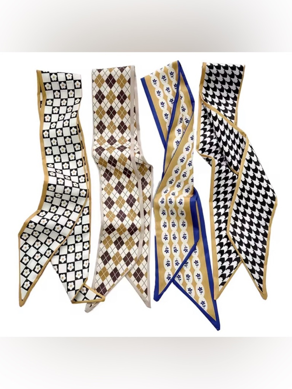 NWT Retro Skinny Scarf Set • French Girl Twilly Bundle • Mod Floral & Argyle - Picture 4 of 6